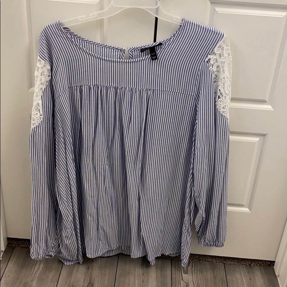 Blue and white long sleeve shirt with lace